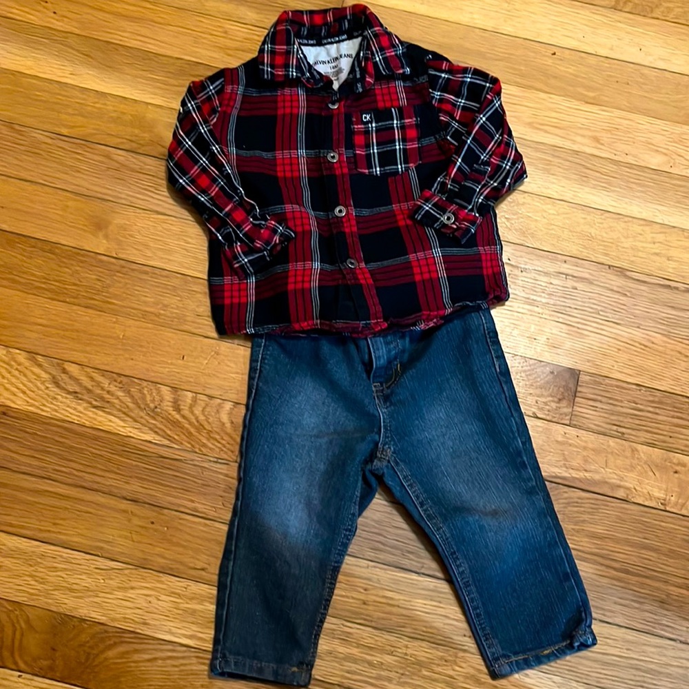 18 Month Boys Outfit ~Calvin Klein Flannel Kenneth Cole Reaction Jeans - Picture 1 of 5